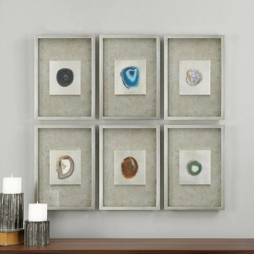 UTTERMOST 14555 COLORFUL AGATE STONE SILVER LEAF SHADOW BOX WALL ART SET OF SIX - Picture 1 of 2