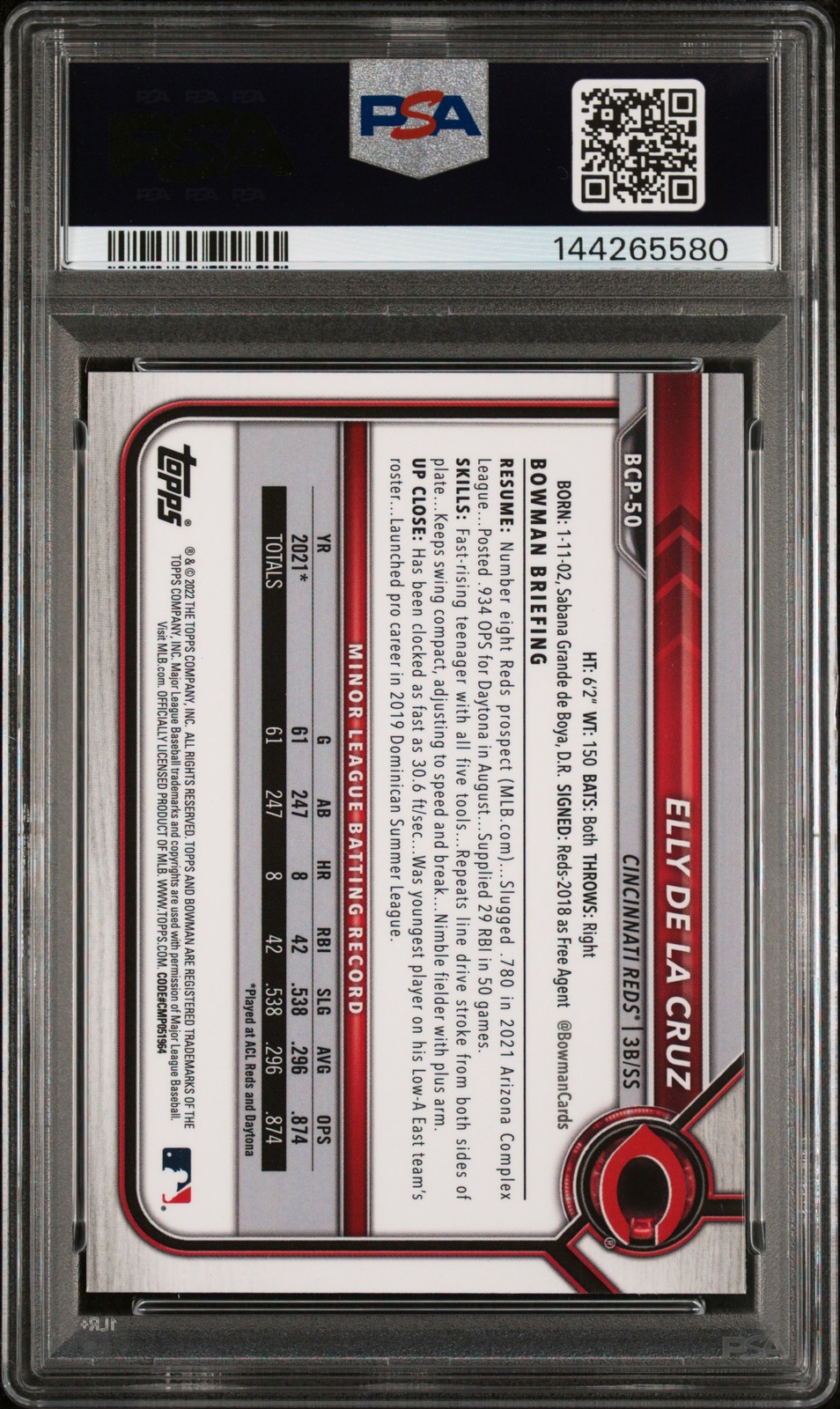 2022 Bowman Sapphire Edition Elly De La Cruz Chrome Prospects 1st Bowman PSA 10 view 2