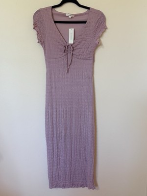 No Comment Smocked Midi Dress with Tie Front in Dusty Mauve