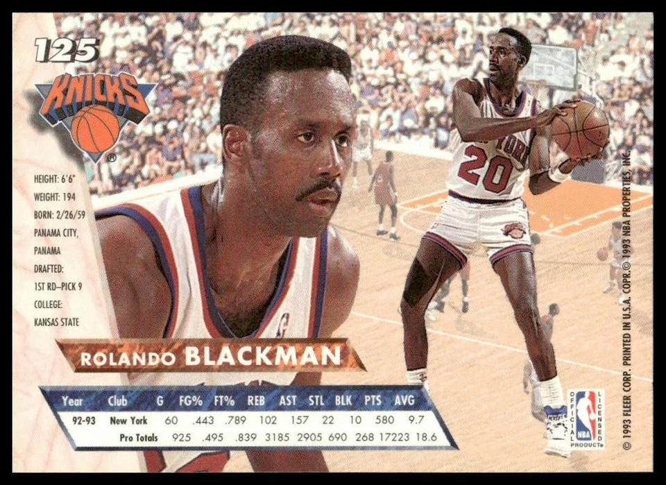 Rolando Blackman 1993-94 Fleer Ultra #125 New York Knicks - Image 2 of 2
