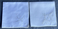  133 Vintage 2 White Hankie White Floral Embroidered Hand Rolled Edge