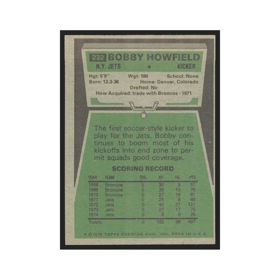 1975 Topps Bobby Howfield Jets #232.0 - Image 2 of 3