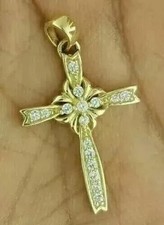 Simulated Diamond 1.40 Ct Round Cut Cross Pendant Chain 14K Yellow Gold Plated