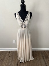 OLGA BODYSILK Nightgown Long Semi sheer Sz Small/S Beige wLace Style9687 Vtg