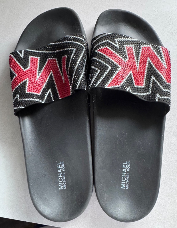 Women MK Michael Kors Gilmore Slide Slip On Sandals Rhinestone Black/Red Multi
