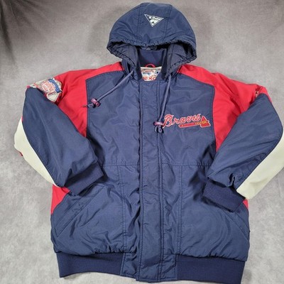 Vintage Atlanta Braves Jacket Mens Medium Blue Hooded Puffer MLB Apex One 90s