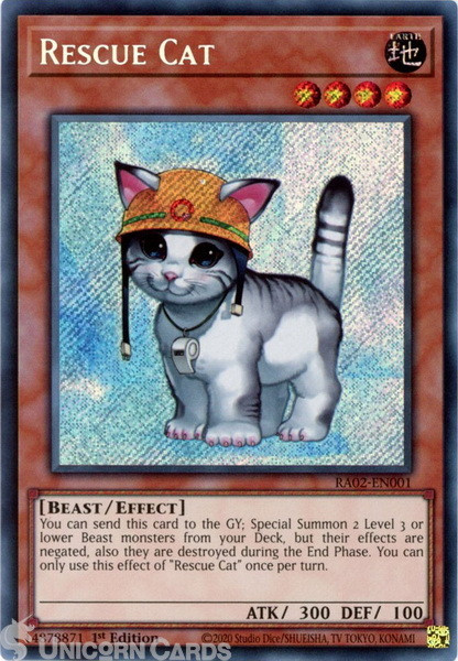 RA02-EN001 Rescue Cat : Secret Rare 1st Edition YuGiOh Card