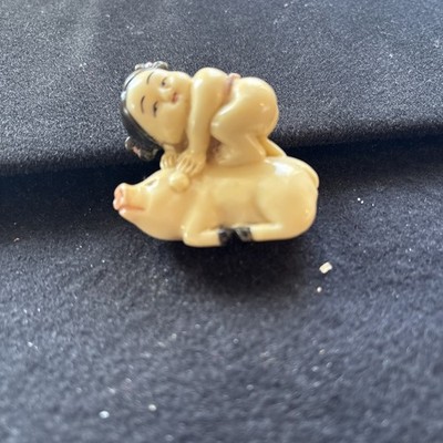 Netsuke Girl Riding Pig 1-1/2 Tall Japanese Antique
