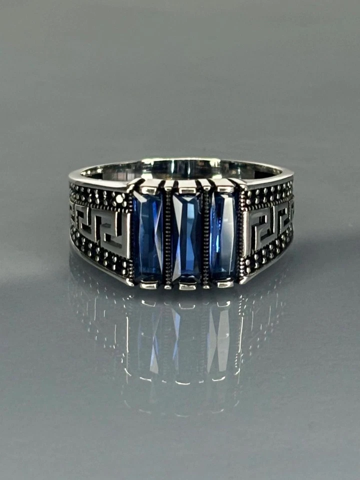 Men's Sapphire Stone Sterling Silver Ring: Greek Key Handmade Statement Jewelry - Image 2 of 3