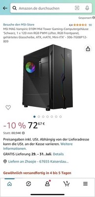 MSI MAG Vampiric 010M Mid Tower Gaming PC-Gehäuse, Schwarz, Glasfenster
