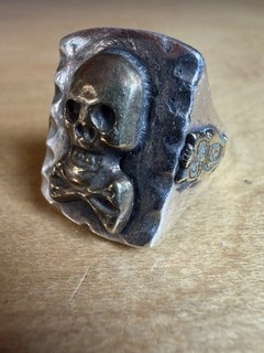 Anello biker messicano argento sterling 925 teschio e ossa incrociate grosso pesante misura 10