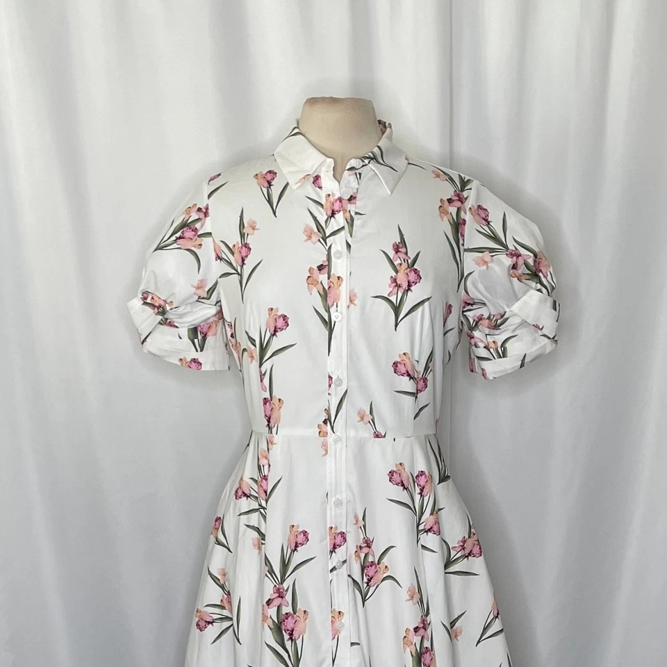 TED BAKER London Floral Puff Sleeve Midi Shirtdress Shirt Dress Ultra White 8 - Image 3 of 4