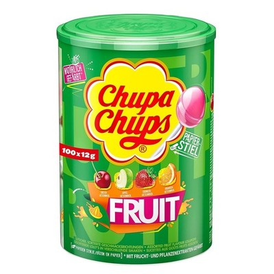 Chupa Chups Fruit Lutscher-Dose, praktische Box 100 Lollis 4 Geschmacksrichtunge