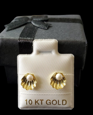 10K massiv Gold Muschel Ohrstecker mit Perlenakzent maritim Ozean inspiriert