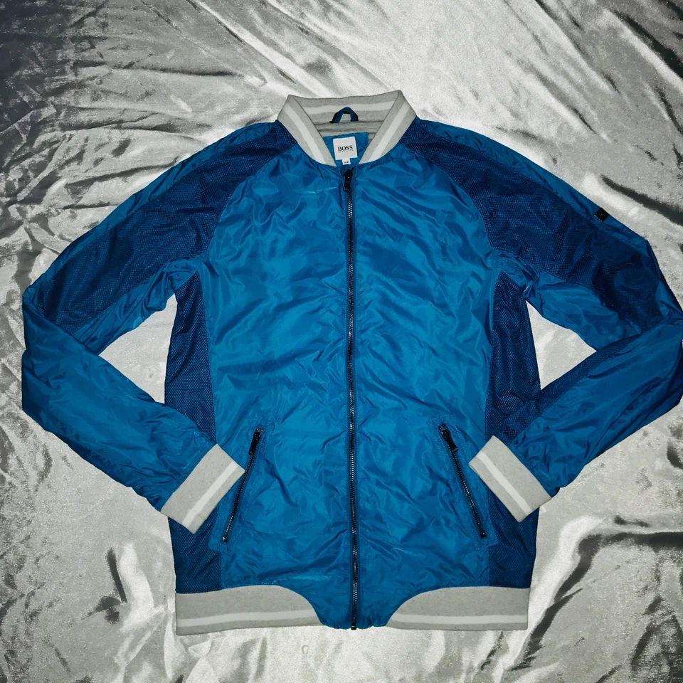 Jaqueta de pista G2U rara Hugo Boss náilon corta-vento azul claro média 16M brilho Sh - Imagem 2 de 4