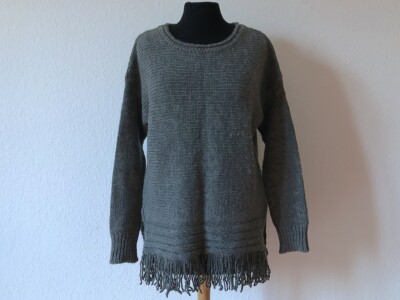 GENUINE HALLHUBER LADIES JUMPER GREY CREW NECK WINTER WOOL WARM FRINGE TOP