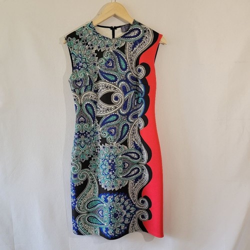 LANVIN Blue Red Paisley Sheath Dress Sz 38/6 Cap-Sleeve Knee Length Designer - Picture 2 of 12