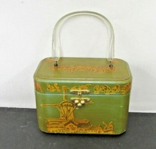 HHANDCRAFTED VINTAGE 1970'S PURSE BOX WOOD DUTCH GIRL/BOY WINDMILL LAKE SCENE