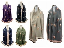 Women Robin Embroidered Print Winter Scarf Reversible Thick Long Blanket Wrap