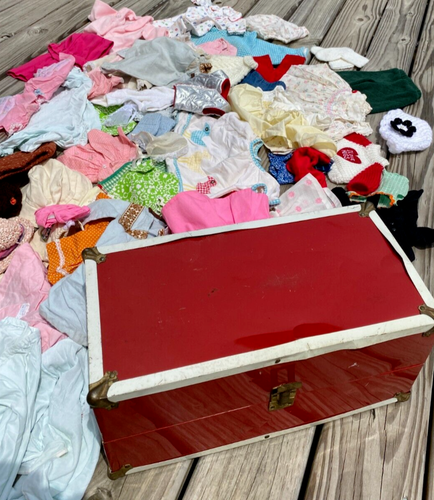 Vtg Red Metal Doll Wardrobe Case w 60+ Pcs Mostly Handmade Doll Clothing 60s70s - Picture 3 of 14