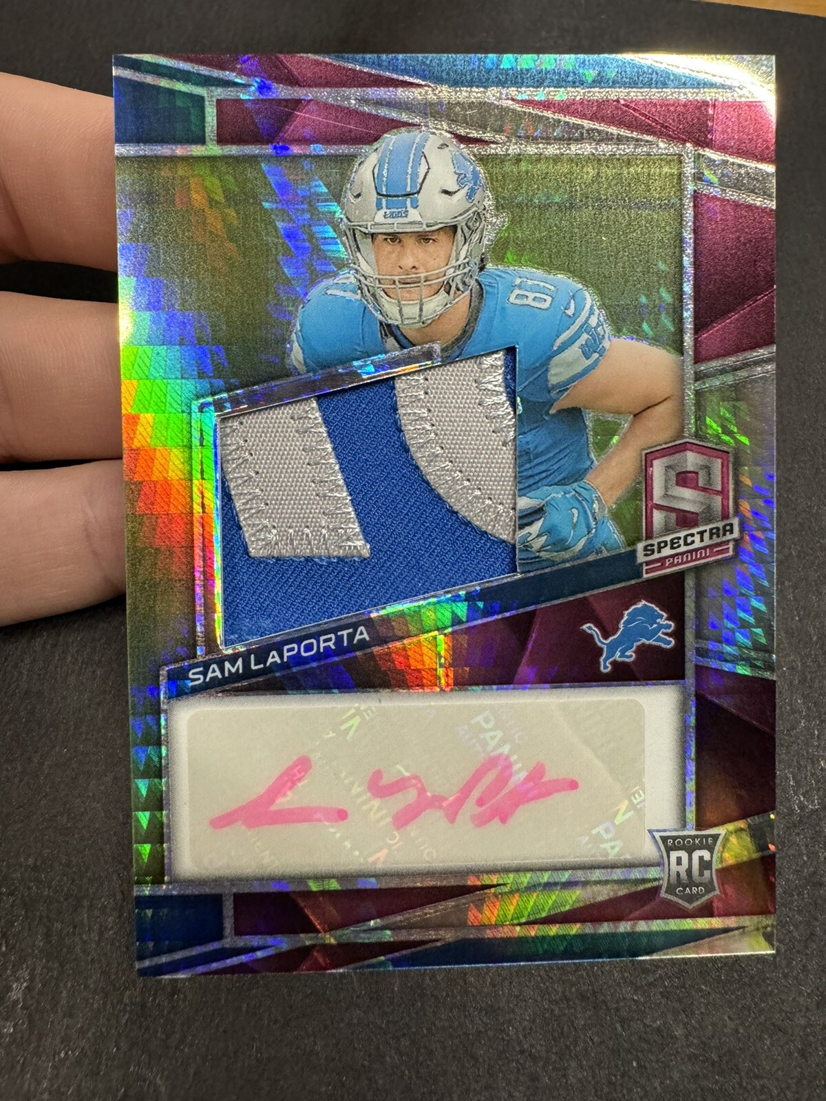2023 Panini Spectra Neon Pink #232 Sam LaPorta ROOKIE PATCH AUTO RPA 01/25 RC