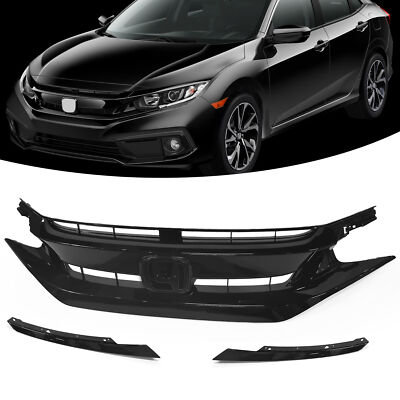 For 2019-2021 Honda Civic Glossy Black Front Hood Mesh Grill With Eyelid Molding