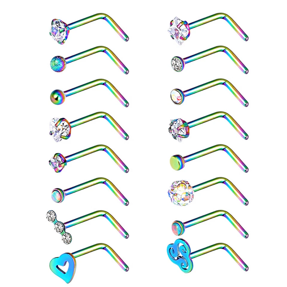 Piercing corporal 16 piezas arco iris L curvado nariz tachuelas anillo acero quirúrgico ópalo circonita cúbica L 20G Foto 4 de 4