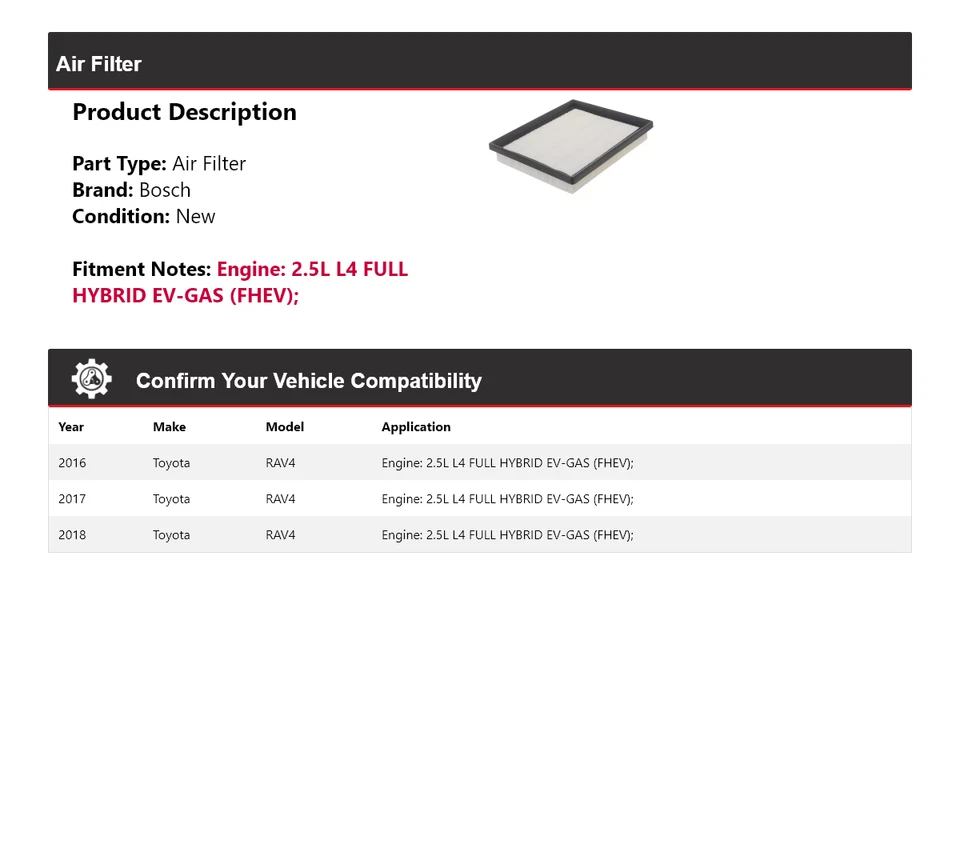 Filtro de aire Bosch híbrido completo EV-GAS (FHEV) para Toyota RAV4 2016-2018 2,5 L L L4 Foto 2 de 3