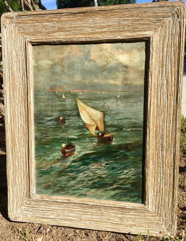 Loveri (artist) Old Oil Painting Sail Boats In Rough Sea 21"x17" L.A,Cal p/u del