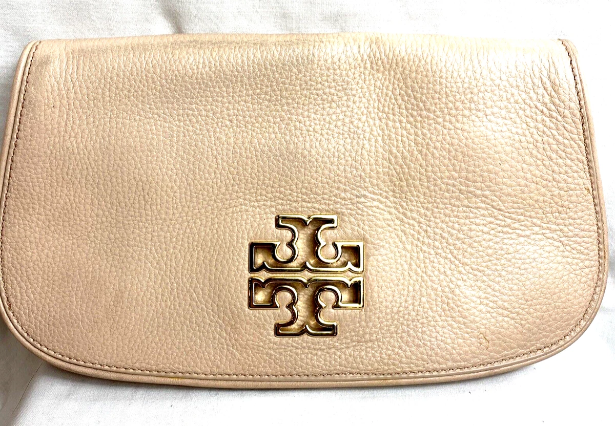 Tory Burch Britten Light Oak Pebbled Leather Flap Clutch