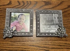 Bejeweled Silver Tone Metal Mini Picture Frames Set of 2 for 3.5” pic. 4.5” Sq