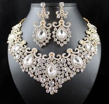 STUNNING CLEAR AUSTRIAN RHINESTONE CRYSTAL NECKLACE EARRINGS SET N12187G GOLD