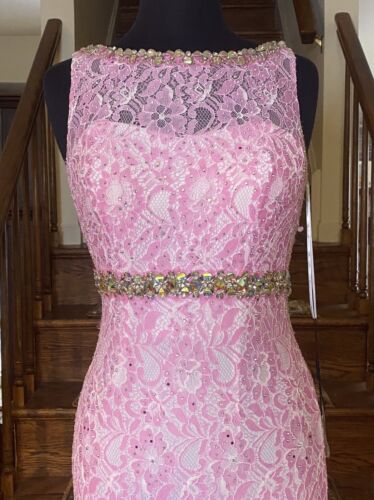 Vienna Prom Long Lace Gown Pink AB Crystal Accent Waist Size 10 NWT - Picture 4 of 10