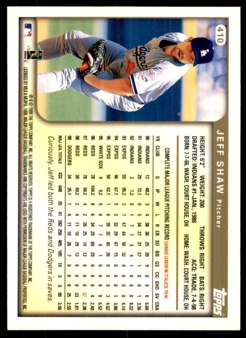 1999 Topps Jeff Shaw A Baseball Cards #410 | eBay