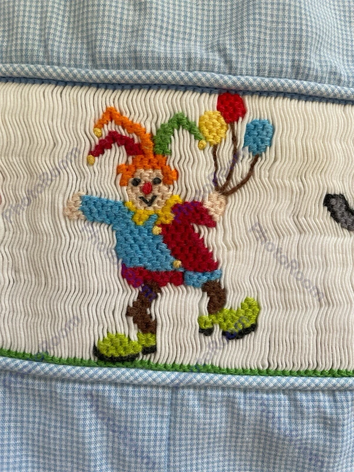 Mom & Me Blue Gingham Smocked Embroidered Circus Short Lined Coverall-12 Mos — 第 4/4 张图片