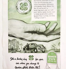 1947 Quaker State Motor Oil Advertisement Lucky 4 Leaf Clover Automobilia DWWW4