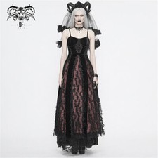 Gorgeous Women Vintage Double Layer Lace Decoration Burgundy Gothic Sling Dress