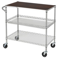 3 Tier Heavy Duty Commercial Grade Utility Cart with Wood Top, Wire Rolling C...