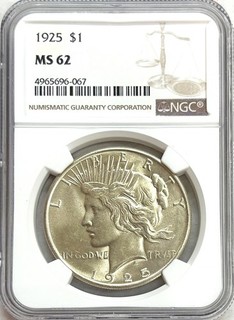 1925 US PEACE SILVER $1 DOLLAR COIN NGC MINT STATE 62