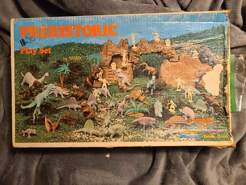 1971 Prehistoric Playset Marx 3398 Vintage 65 Pieces~Box, Dinosaurs, Caveman +