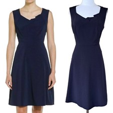 Elie Tahari Ineza Pleat Neck Fit & Flare Dress Size 10 Navy Blue Sleeveless
