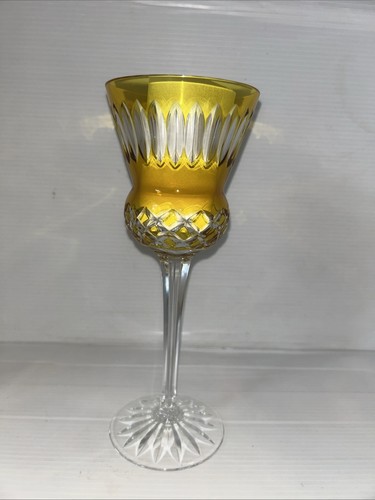 AJKA Thistle Wine Glass Yellow Gold Cut To Clear Crystal Bohemian Hungary