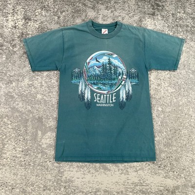 Vintage Seattle Shirt Mens Medium Green Aztec Mountains Nature Sun Fade 90s USA