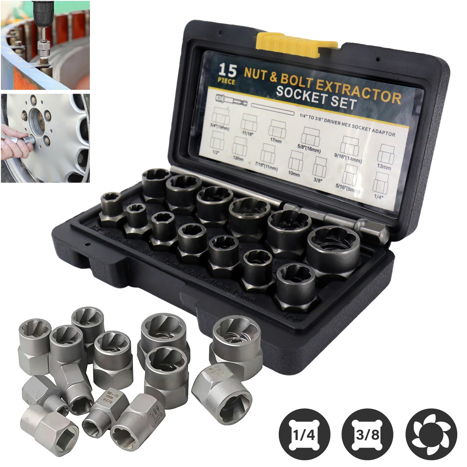 15PCS Locking Wheel Lug Nut Removal Tool Set Stud/Rounded Bolt Socket Extractor