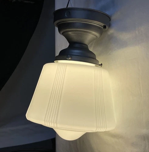 REWIRED Antique Vtg Art Deco Flush Mount Ceiling Light Acorn Schoolhouse Silver