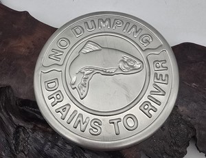 No Dumping Drains To Waterway Embossed Metal Sign 4 Inch Diameter USA FISH 