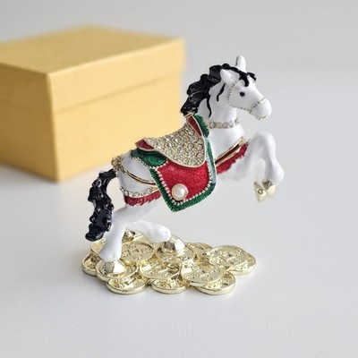 Luxurious White Horse Enamel Jewelry Trinket Box with Crystals   Symbol of 2026