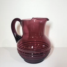 Vintage Art Deco Hand-blown Glass Pitcher Amethyst Purple Horizontal Ribbing