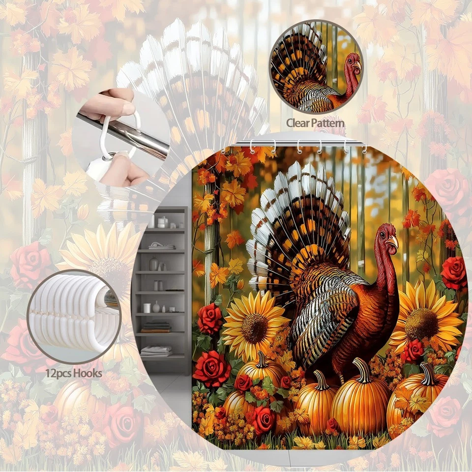 Cortina de Ducha Acción de Gracias Cosecha de Pavo Moderna Otoño Baño Decoración con Ganchos Foto 2 de 4
