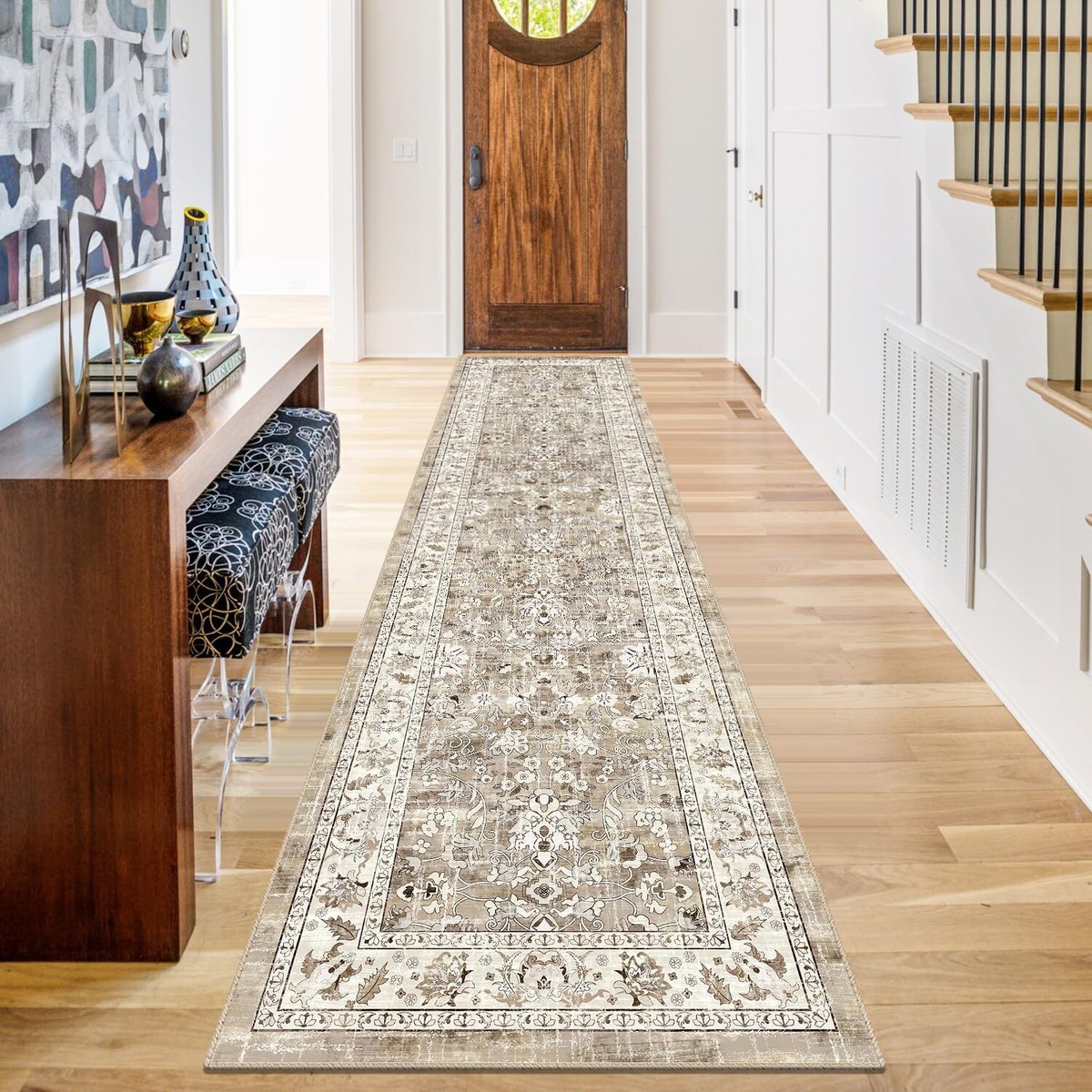 Tappeto Runner Lavabile LOKHOM 50x250 Cm Beige Marrone - Vintage Floreale Con Retro Antiscivolo In Gomma, Per Cucina E Ingresso